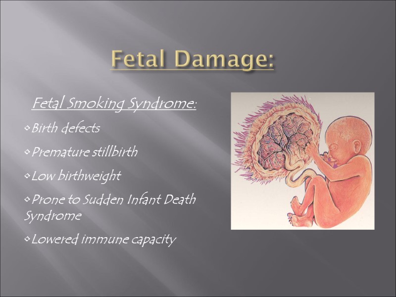 Fetal Damage:  Fetal Smoking Syndrome: Birth defects Premature stillbirth Low birthweight Prone to